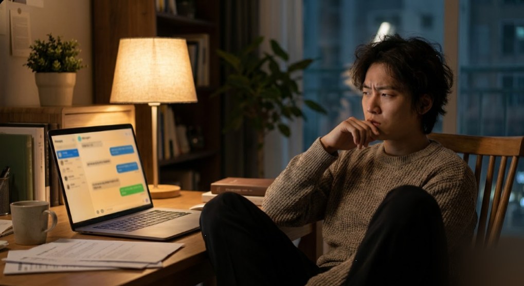 AI 환각 현상 - 늦은 밤 노트북 메신저 화면을 보며 고민하는 남성