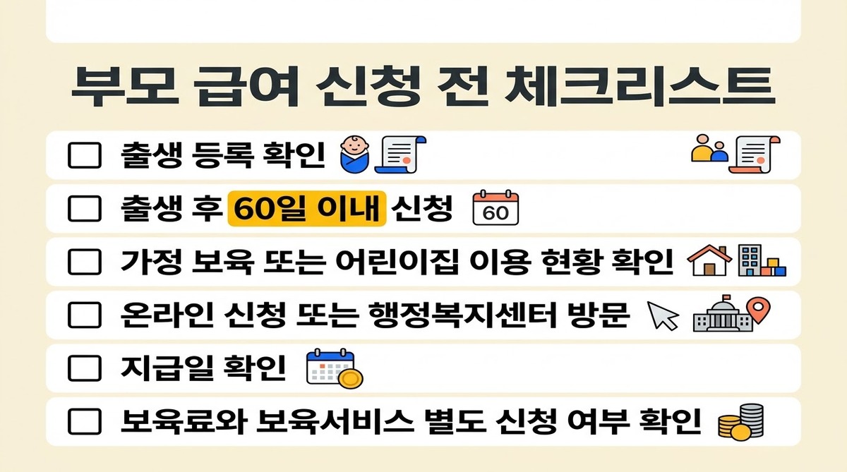 부모급여 신청 전 체크리스트 6가지 인포그래픽