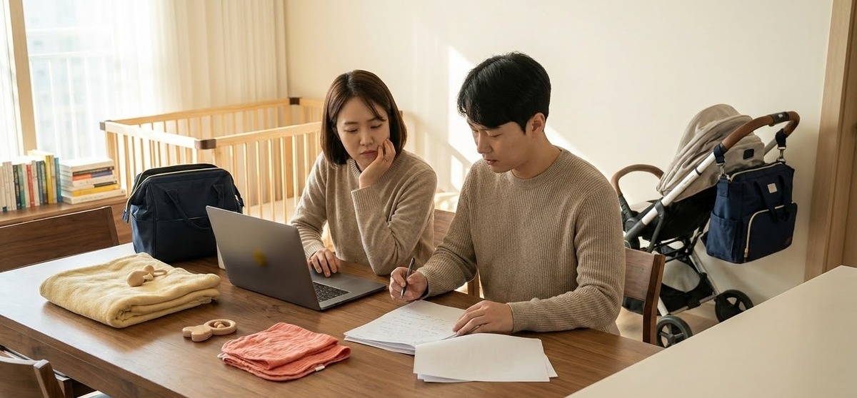 아기 침대와 유모차 옆에서 노트북으로 부모급여를 확인하는 부부