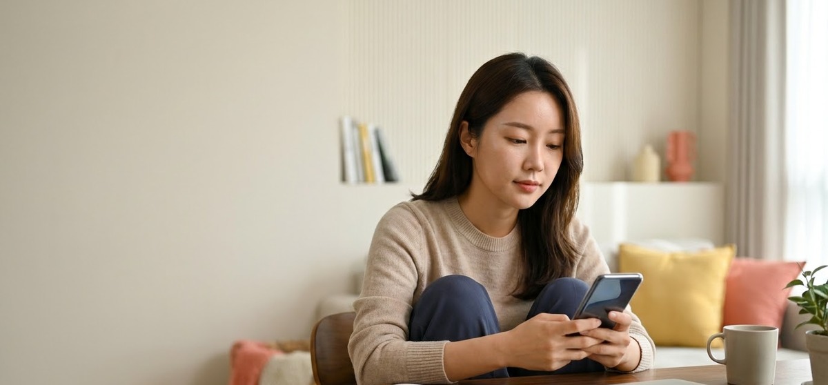 스마트폰으로 청년 나이 기준을 확인하는 여성