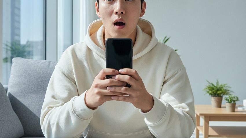 거실에서 스마트폰을 들고 놀란 표정을 짓는 한국인
