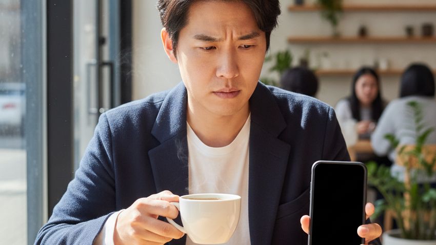 카페 테이블에서 스마트폰을 들고 보안 설정을 점검하는 모습