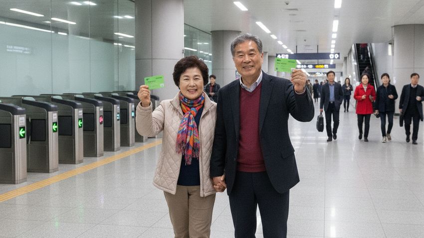 어르신 부부가 노인복지 카드를 이용해 지하철역 승강장을 이동하는 모습
