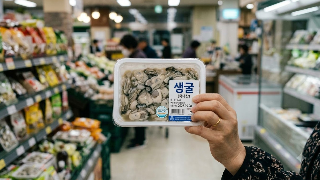 마트 진열대 앞에서 생굴 포장 라벨을 들고 있는 손