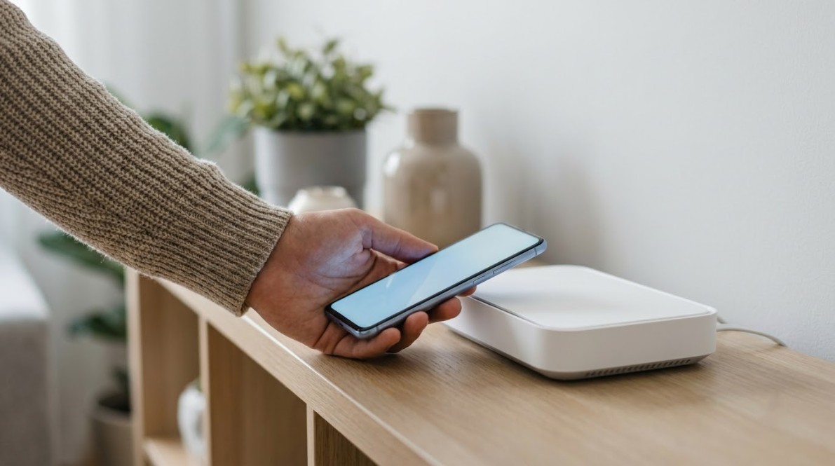 iOS 27 업데이트 전 Wi-Fi 공유기 근처에서 스마트폰을 들고 있는 모습