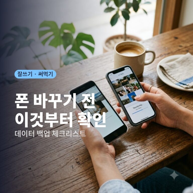 폰 바꾸기 전, 두 스마트폰 사이에서 사진을 옮기는 손 클로즈업