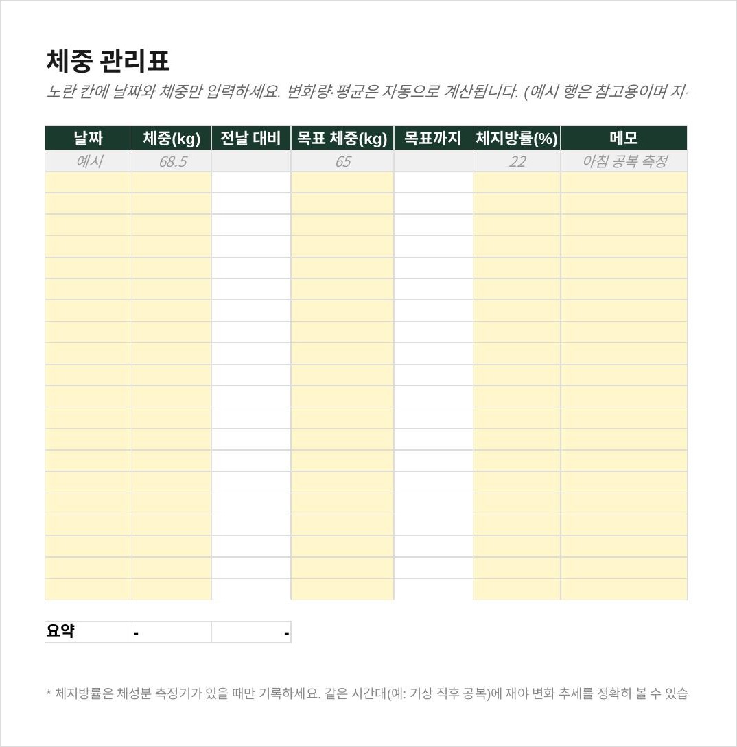 체중 관리표 엑셀 실제 파일 미리보기